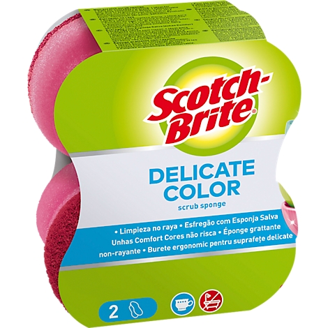 Emballage avec deux éponges à récurer roses. L'emballage porte les mots "Scotch-Brite" et "Delicate Color".