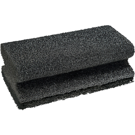 Deux éponges rectangulaires gris foncé empilées l'une sur l'autre. La surface est poreuse.
