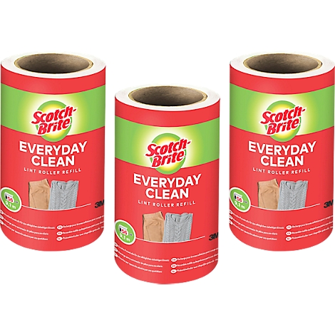 Trois recharges de rouleau adhésif Scotch-Brite. Emballage rouge avec bande verte et texte "EVERYDAY CLEAN".