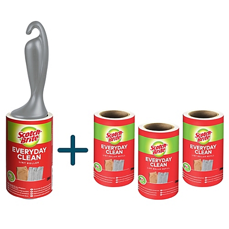 Un rouleau adhésif gris avec des recharges. L'emballage indique 'Scotch-Brite Everyday Clean'.