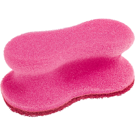Een roze spons. Een kleinere spons is bevestigd aan een grotere.