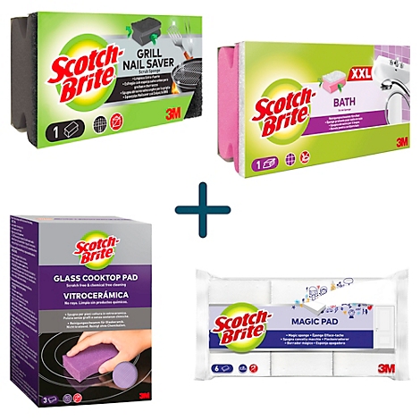 Verschillende Scotch-Brite schoonmaakproducten: sponzen en pads voor keuken en badkamer. Sommige producten zijn gemarkeerd met "GRILL", "BATH" en "MAGIC PAD".