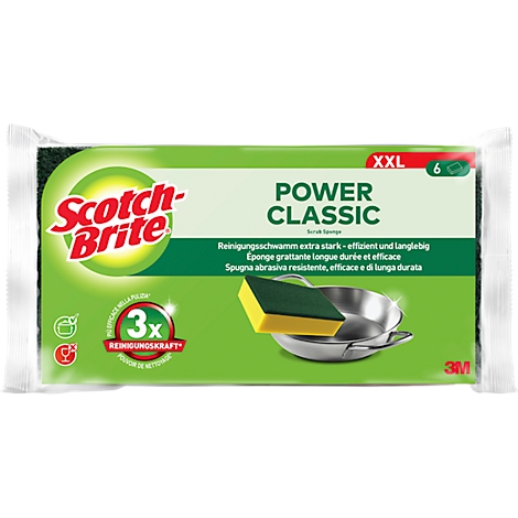 Verpakking van Scotch-Brite schoonmaaksponzen. Tekst: Power Classic, XXL, 3x reinigingskracht.
