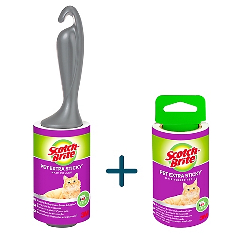 Twee Scotch-Brite haarrollers voor huisdieren, een met handvat en navulling, beide gemarkeerd met "PET EXTRA STICKY".