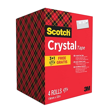 Viererpack Scotch Crystal Klebeband in einer roten Box mit Schottenmuster.