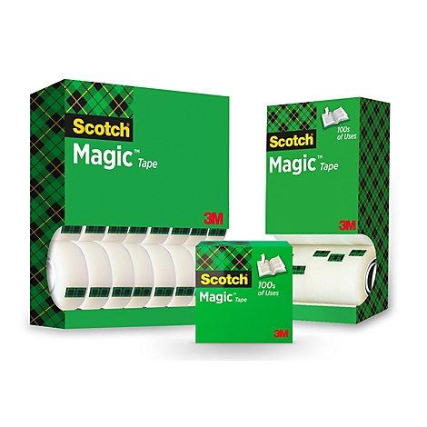 Mehrere Packungen Scotch Magic Tape auf weißem Grund, mit Text: „Matte Oberfläche & unsichtbares Band“.