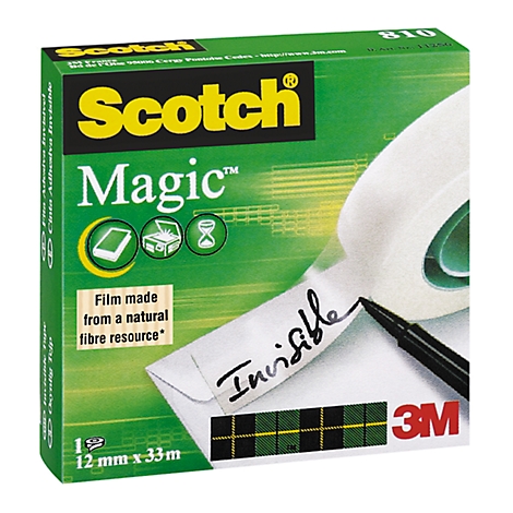 A green Scotch Magic tape box. The tape is visible on a white paper, with the word "Invisible" written on it.
