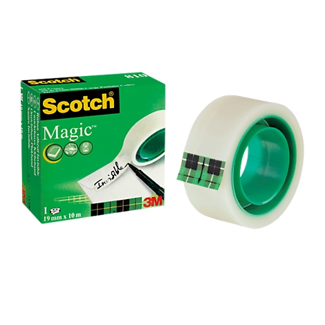 Roll of Scotch Magic tape with green inner side and a rectangular piece of tape on white. Next to it the green packaging with text.