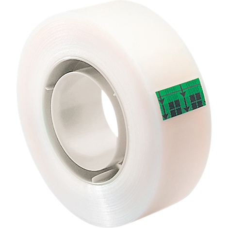 A transparent tape roll with a green sticker.
