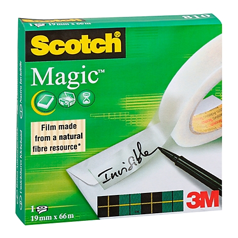 A box of Scotch Magic tape, with a piece of tape that has the word 'Invisible' written on it.