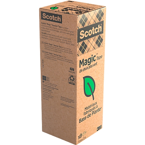 Cardboard box of "Scotch Magic Tape". Brown with a green leaf illustration and product description. "Matériaux fabriqués à Base de Plante" underneath.