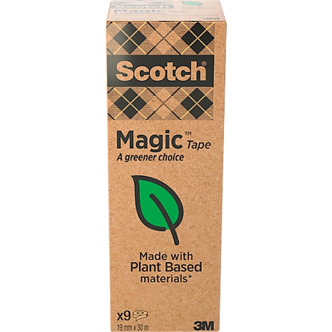 Product packaging of Scotch Magic Tape, brown with green accents. Print: 'Magic Tape, A greener choice, Made with Plant Based materials'.