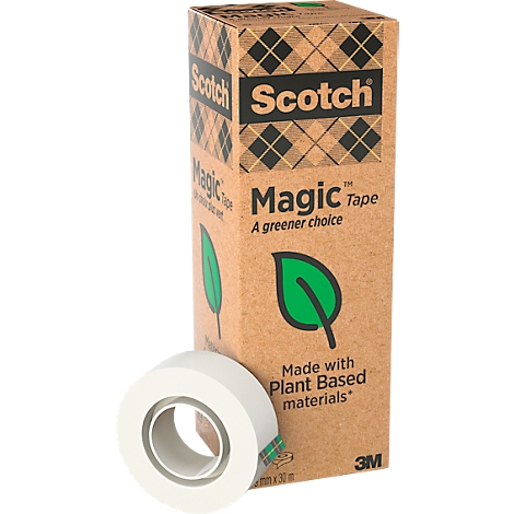 Scotch Magic Tape roll with dispenser on a box. Printed: A greener choice, Made with Plant Based materials. 3M.