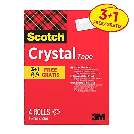 Scotch-plakband Crystal, glanzend, transparant, B 19 mm x L 33 m, 3 rollen + 1 GRATIS