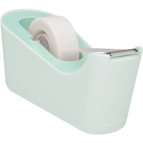 Lichtgroene tape dispenser met rol en metalen mes. "Scotch" staat op de bodem.