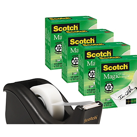 Een zwarte tapedispenser met een rol tape en vier dozen Scotch Magic Tape.