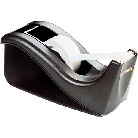 Zwarte tape dispenser met witte tape. Tekst luidt "Scotch" in goud.