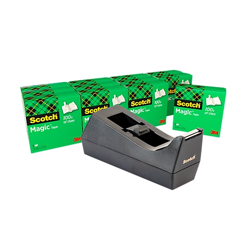 Schwarzer Tesa-Abroller mit mehreren grünen Schachteln Scotch Magic Tape vor weißem Hintergrund.