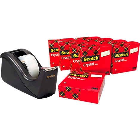 Een zwarte tape dispenser en een pak Scotch Crystal tape op een witte achtergrond.