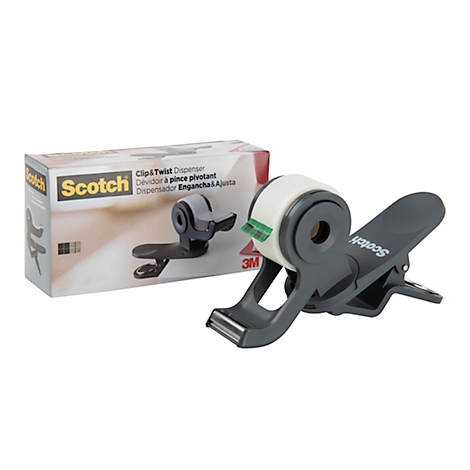 Scotch Clip & Twist tape dispenser with tape roll and packaging. Gray holder, white roll.