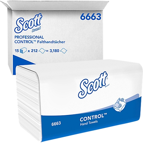 Dos cajas blancas de toallas de mano. Impreso: marca Scott, toallas Control, detalles en azul, número 6663.