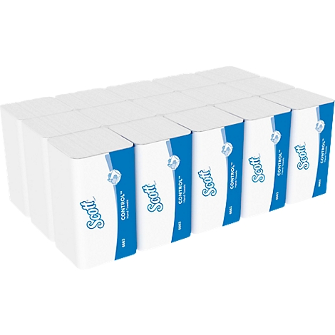 Una pila de paquetes de toallas de papel blancas, impresiones azules y blancas con el texto 'Scott Control'.