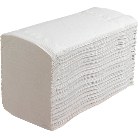 Een rechthoekige stapel witte papieren handdoeken, opgevouwen en klaar voor gebruik.