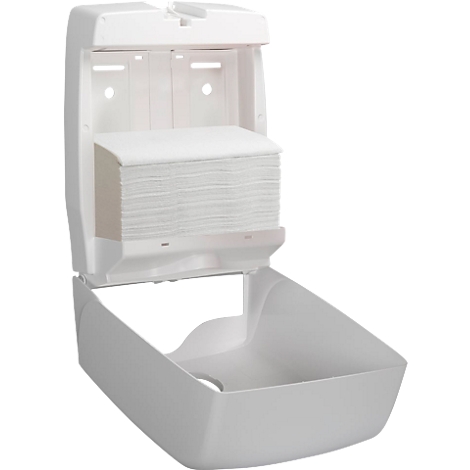 Witte papieren handdoekdispenser met open deksel, papieren handdoeken zichtbaar. Onderste deel vormt een opvangbak.