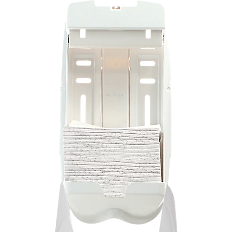 Witte papieren handdoekdispenser. Geopend, gevuld met gevouwen papieren handdoeken.