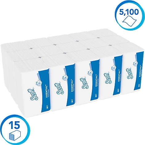 Mehrere Packungen weiße Papiertücher von Scott Essential, blau-weiße Verpackung, Angabe von 5100 Tüchern, 15 Packungen.