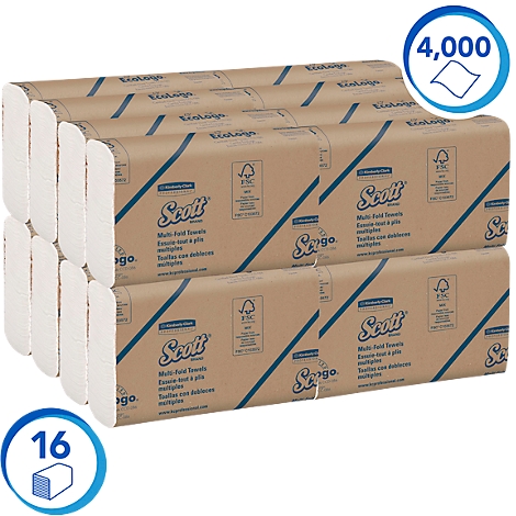 Twee gestapelde dozen Scott Multi-Fold handdoeken, 16 stuks. Blauwe cirkels tonen 4.000 en 16 handdoeken.