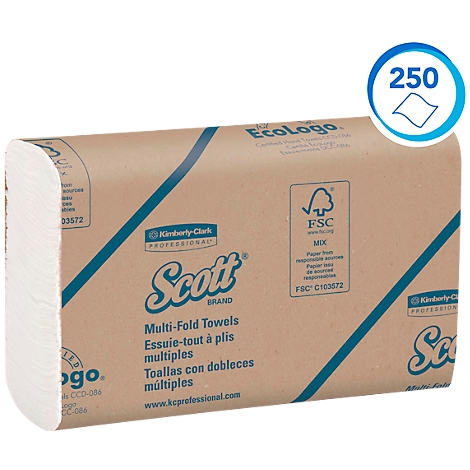 Papierhandtücher-Packung, braun, mit weißem Papier, blaue diagonale Linien, Scott-Logo, 250 Handtücher.