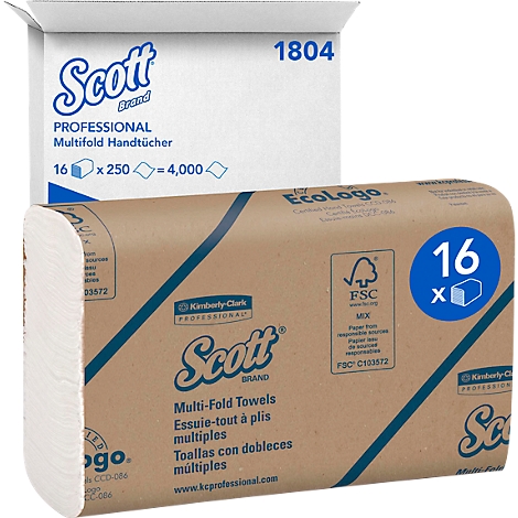 Zwei Packungen Papiertücher, eine geöffnete Karton-Packung und eine verschlossene Packung, Marke Scott.