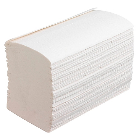 Een rechthoekige stapel witte papieren handdoeken met een afgeronde bovenkant. De handdoeken zijn gevouwen.