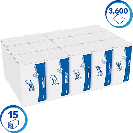 Ein Stapel Scott Essential Papiertücher. Blaue Akzente mit weißem Hintergrund, Text: Scott Essential, 3.600 Tücher.