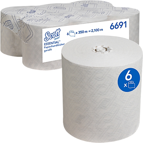 Weisses Papierhandtuch-Set von Scott, gerollt. Auf der Verpackung stehen Angaben zu Menge und Länge. Ein einzelnes Papierhandtuch ist auch sichtbar.