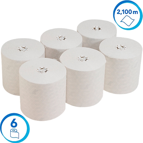 Sechs Papierrollen mit Verpackung, in blauer Kreisschrift sind "6" und "2.100m" angegeben.