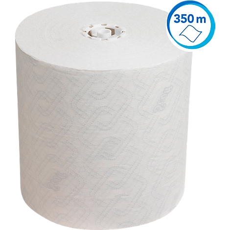 Rolle weisses Papierhandtuch. Aufgedrucktes Logo mit 350 m. Das Papier hat ein Muster.
