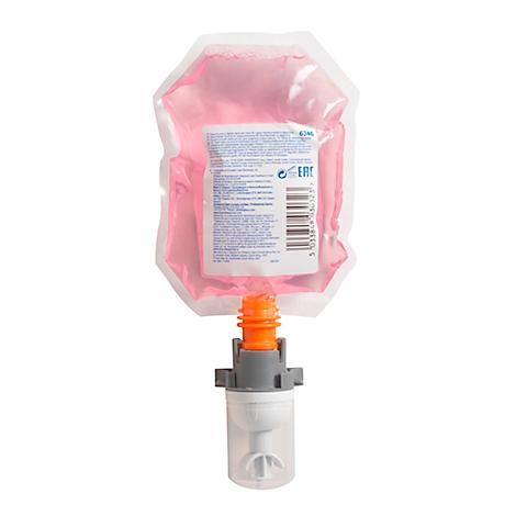 Eine rosa Flüssigkeit in einer transparenten Verpackung mit einem grauen und orangen Auslauf.
