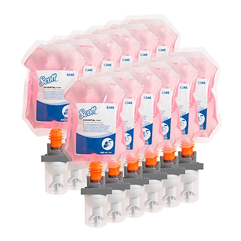 Verpackungseinheiten von rosa Schaumseife und Spendern, Marke Scott, vor weißem Hintergrund.