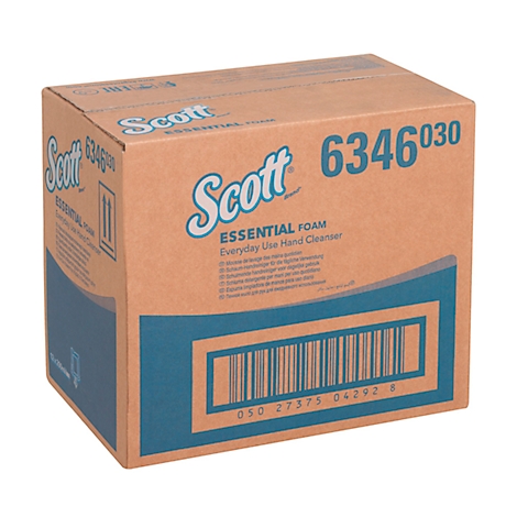 Ein rechteckiger Karton mit dem Aufdruck 'Scott'. Aufschrift 'Essential Foam' und Barcode.