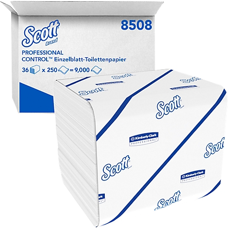 Dos paquetes de papel higiénico, uno abierto, otro cerrado. Ambos con el logotipo azul de Scott y la información del producto.