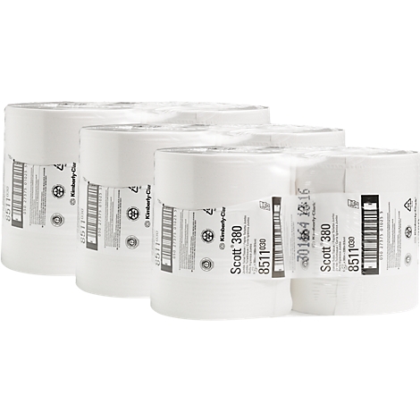 Four packages of toilet paper, white, Scott 380, with labels and barcodes. The packages are wrapped in foil.