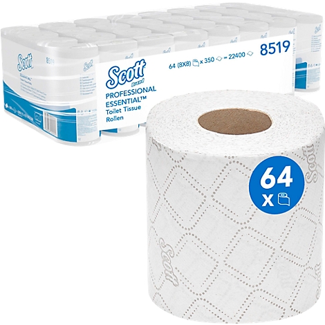 Toilettenpapierpackung und einzelne Rolle, Marke Scott, weißes Papier. Aufschrift "64 x".