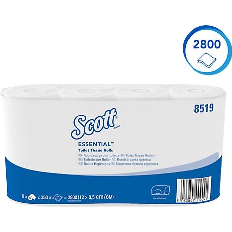 Verpackung mit Toilettenpapierrollen, Marke Scott, Produktname ESSENTIAL, Angabe 2800 Blatt, Nummer 8519, blau-weiß.