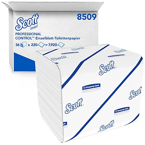 Zwei Packungen Einzelblatt-Toilettenpapier. Eine geöffnet, eine geschlossen. Beide mit Schriftzug 'Scott' und blauen Details.
