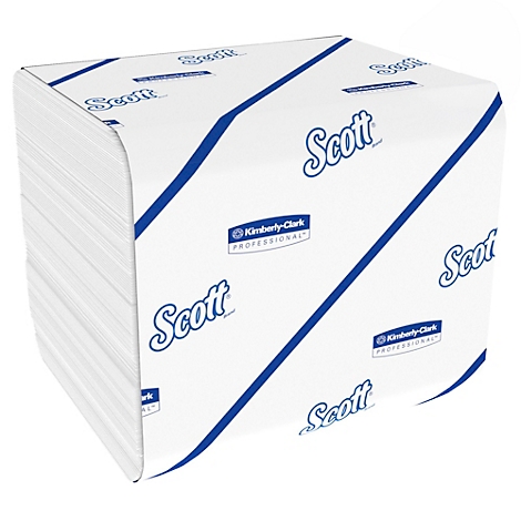 Ein quadratischer Karton mit Papierhandtüchern. Der Karton ist weiß, mit blauen Diagonalstreifen und dem Scott-Logo.