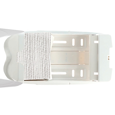 Hellblauer Spender für Papiertücher mit geöffneter Klappe und Papiertüchern im Inneren.