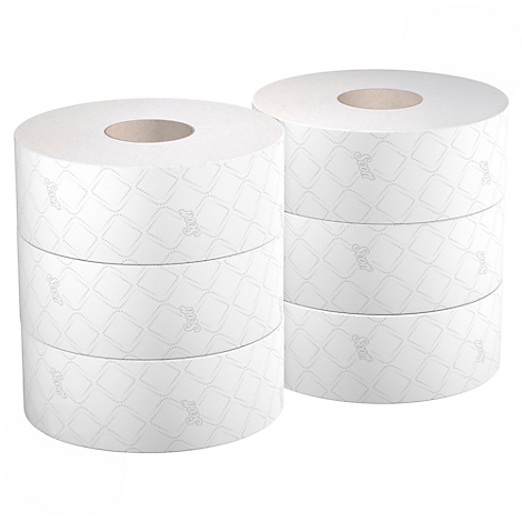 Zwei Türme aus Toilettenpapierrollen, weiß, mit dezentem Muster, auf weißem Hintergrund.