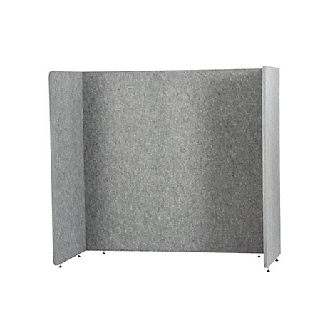 Gray room divider, folded in three parts. It stands on small silver feet.